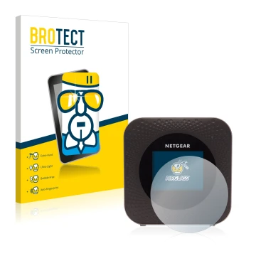 Vorderseite einer Produktverpackung mit dem Markenlogo BROTECT. Daneben ist das Gerät Netgear Nighthawk M1 mit dem zugehörigen