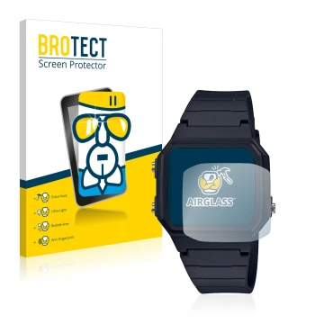 Vorderseite einer Produktverpackung mit dem Markenlogo BROTECT. Daneben ist das Gerät Casio Unisex A168WA-1YES mit dem zugehör