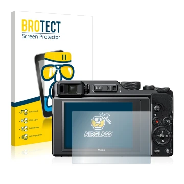 Vorderseite einer Produktverpackung mit dem Markenlogo BROTECT. Daneben ist das Gerät Nikon Coolpix A1000 mit dem zugehörigen 
