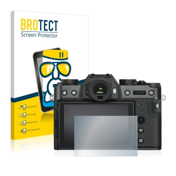 Vorderseite einer Produktverpackung mit dem Markenlogo BROTECT. Daneben ist das Gerät Fujifilm X-T30 mit dem zugehörigen Displ