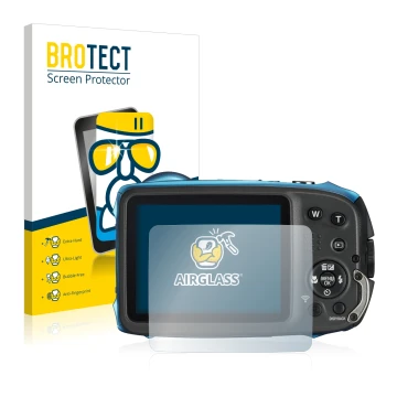 Vorderseite einer Produktverpackung mit dem Markenlogo BROTECT. Daneben ist das Gerät Fujifilm FinePix XP140 mit dem zugehörig