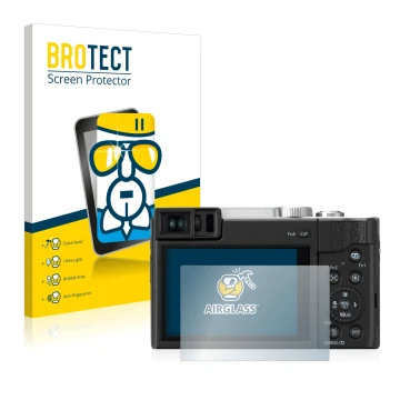 Vorderseite einer Produktverpackung mit dem Markenlogo BROTECT. Daneben ist das Gerät Panasonic Lumix DC-TZ96 mit dem zugehöri