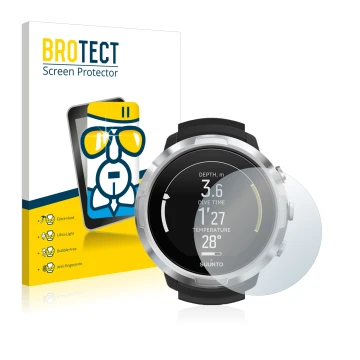 Vorderseite einer Produktverpackung mit dem Markenlogo BROTECT. Daneben ist das Gerät Suunto D6 Support mit dem zugehörigen Di