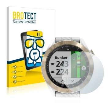 Vorderseite einer Produktverpackung mit dem Markenlogo BROTECT. Daneben ist das Gerät Garmin Approach S40 mit dem zugehörigen 