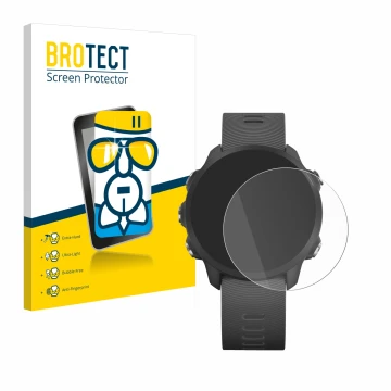 Vorderseite einer Produktverpackung mit dem Markenlogo BROTECT. Daneben ist das Gerät Garmin Forerunner 245 Music mit dem zuge