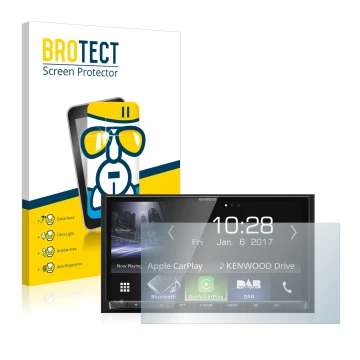 Vorderseite einer Produktverpackung mit dem Markenlogo BROTECT. Daneben ist das Gerät Kenwood DMX7017DABS mit dem zugehörigen 