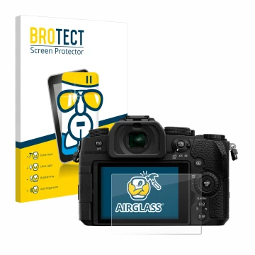 Vorderseite einer Produktverpackung mit dem Markenlogo BROTECT. Daneben ist das Gerät Panasonic Lumix DC-G91 mit dem zugehörig