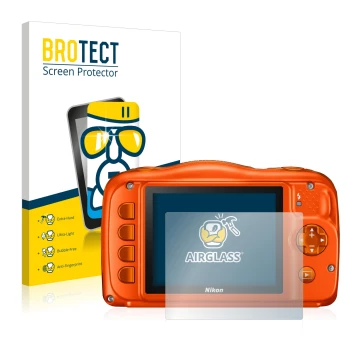 Vorderseite einer Produktverpackung mit dem Markenlogo BROTECT. Daneben ist das Gerät Nikon Coolpix W150 mit dem zugehörigen D