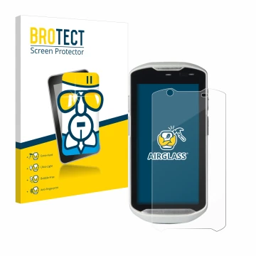Vorderseite einer Produktverpackung mit dem Markenlogo BROTECT. Daneben ist das Gerät Zebra TC52-HC mit dem zugehörigen Displa
