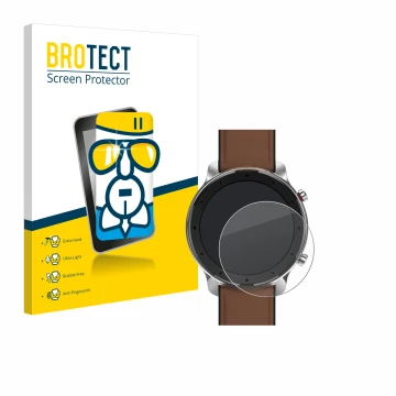 Vorderseite einer Produktverpackung mit dem Markenlogo BROTECT. Daneben ist das Gerät Huami Amazfit GTR (47 mm) mit dem zugehö