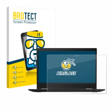 Vorderseite einer Produktverpackung mit dem Markenlogo BROTECT. Daneben ist das Gerät Lenovo ThinkPad X390 Yoga mit dem zugehö