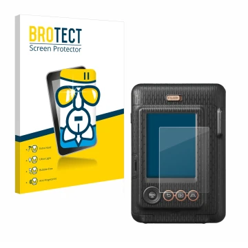 Vorderseite einer Produktverpackung mit dem Markenlogo BROTECT. Daneben ist das Gerät Fujifilm Instax Mini LiPlay mit dem zuge