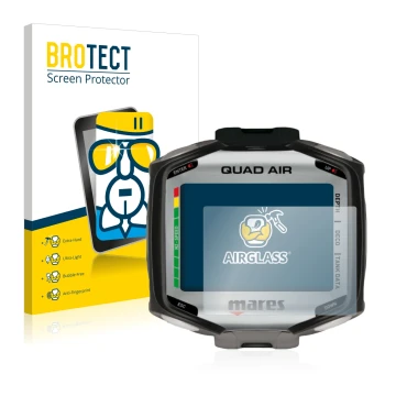 Vorderseite einer Produktverpackung mit dem Markenlogo BROTECT. Daneben ist das Gerät Mares Quad Air mit dem zugehörigen Displ