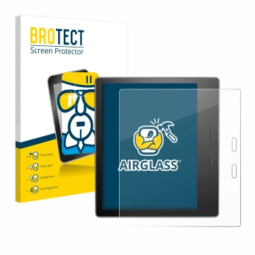 Vorderseite einer Produktverpackung mit dem Markenlogo BROTECT. Daneben ist das Gerät Amazon Kindle Oasis 2019 (10. Gen.) mit 