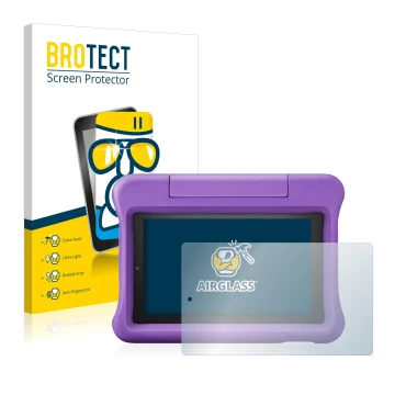 Vorderseite einer Produktverpackung mit dem Markenlogo BROTECT. Daneben ist das Gerät Amazon Fire 7 Kids Edition 2019 (9. Gen.