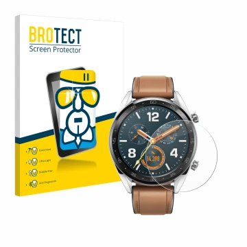 Vorderseite einer Produktverpackung mit dem Markenlogo BROTECT. Daneben ist das Gerät Huawei Watch GT Classic mit dem zugehöri