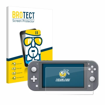 Vorderseite einer Produktverpackung mit dem Markenlogo BROTECT. Daneben ist das Gerät Nintendo Switch Lite mit dem zugehörigen