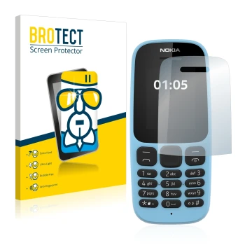 Vorderseite einer Produktverpackung mit dem Markenlogo BROTECT. Daneben ist das Gerät Nokia 105 2019 mit dem zugehörigen Displ