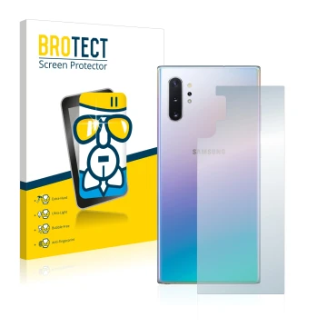 Vorderseite einer Produktverpackung mit dem Markenlogo BROTECT. Daneben ist das Gerät Samsung Galaxy Note 10 Plus (Rückseite) 