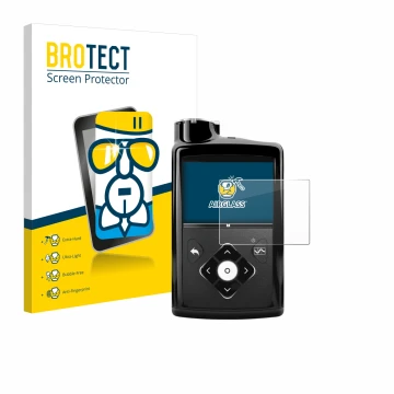 Vorderseite einer Produktverpackung mit dem Markenlogo BROTECT. Daneben ist das Gerät Medtronic Minimed 670G mit dem zugehörig