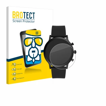 Vorderseite einer Produktverpackung mit dem Markenlogo BROTECT. Daneben ist das Gerät Fossil The Carlyle HR (5.Gen) mit dem zu