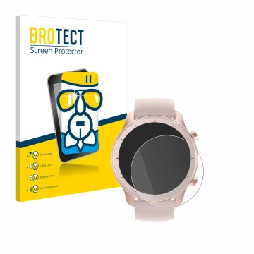 Vorderseite einer Produktverpackung mit dem Markenlogo BROTECT. Daneben ist das Gerät Huami Amazfit GTR (42 mm) mit dem zugehö