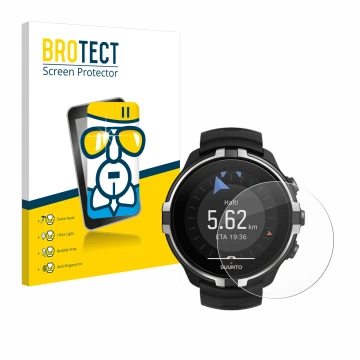 Vorderseite einer Produktverpackung mit dem Markenlogo BROTECT. Daneben ist das Gerät Suunto Spartan Sport Wrist HR Baro Steal