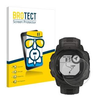Vorderseite einer Produktverpackung mit dem Markenlogo BROTECT. Daneben ist das Gerät Garmin Instinct Tactical Edition mit dem