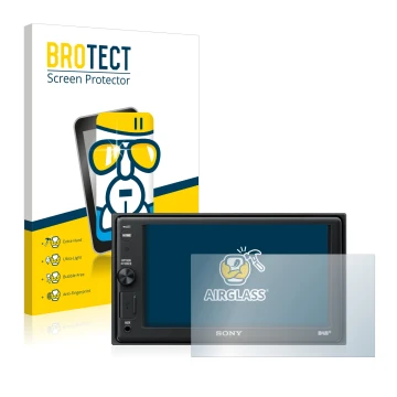 Vorderseite einer Produktverpackung mit dem Markenlogo BROTECT. Daneben ist das Gerät Sony XAV-AX1005DB mit dem zugehörigen Di