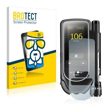 Vorderseite einer Produktverpackung mit dem Markenlogo BROTECT. Daneben ist das Gerät Accu-Chek Mobile mit dem zugehörigen Dis