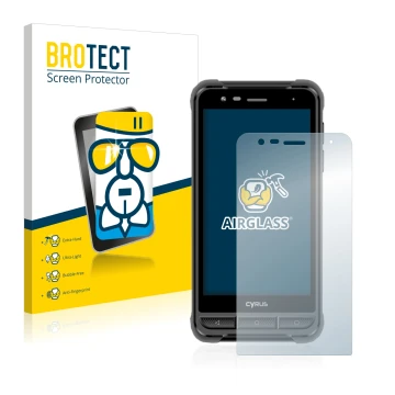 Vorderseite einer Produktverpackung mit dem Markenlogo BROTECT. Daneben ist das Gerät Cyrus CS22 XA mit dem zugehörigen Displa