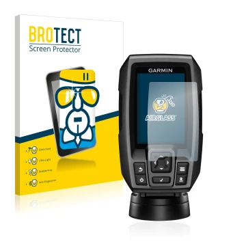 Vorderseite einer Produktverpackung mit dem Markenlogo BROTECT. Daneben ist das Gerät Garmin Striker 4 mit dem zugehörigen Dis