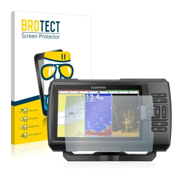 Vorderseite einer Produktverpackung mit dem Markenlogo BROTECT. Daneben ist das Gerät Garmin Striker Plus 9sv mit dem zugehöri