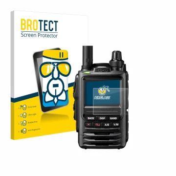 Vorderseite einer Produktverpackung mit dem Markenlogo BROTECT. Daneben ist das Gerät Yaesu FT-3D mit dem zugehörigen Displays