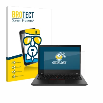 Vorderseite einer Produktverpackung mit dem Markenlogo BROTECT. Daneben ist das Gerät Lenovo ThinkPad T490 Non-Touch mit dem z