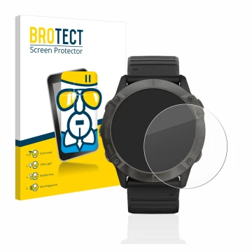Vorderseite einer Produktverpackung mit dem Markenlogo BROTECT. Daneben ist das Gerät Garmin Fenix 6X Pro mit dem zugehörigen 