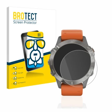 Vorderseite einer Produktverpackung mit dem Markenlogo BROTECT. Daneben ist das Gerät Garmin Fenix 6 Pro mit dem zugehörigen D