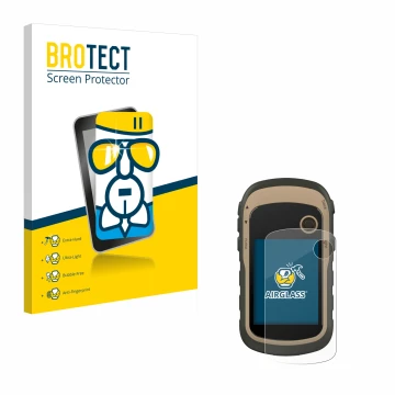 Vorderseite einer Produktverpackung mit dem Markenlogo BROTECT. Daneben ist das Gerät Garmin eTrex 32x mit dem zugehörigen Dis