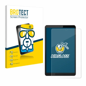 Vorderseite einer Produktverpackung mit dem Markenlogo BROTECT. Daneben ist das Gerät Lenovo Tab M8 mit dem zugehörigen Displa