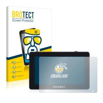 Vorderseite einer Produktverpackung mit dem Markenlogo BROTECT. Daneben ist das Gerät Feelworld F6 Plus mit dem zugehörigen Di