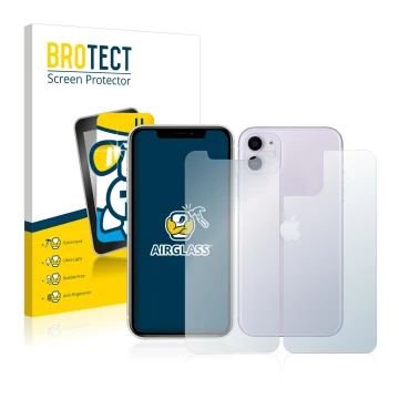 Vorderseite einer Produktverpackung mit dem Markenlogo BROTECT. Daneben ist das Gerät Apple iPhone 11 (Display+Rückseite) mit 