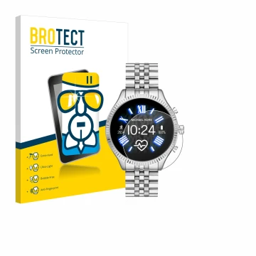 Vorderseite einer Produktverpackung mit dem Markenlogo BROTECT. Daneben ist das Gerät Michael Kors Access Lexington 2 mit dem 