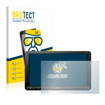 Vorderseite einer Produktverpackung mit dem Markenlogo BROTECT. Daneben ist das Gerät Sony XAV-AX8050D mit dem zugehörigen Dis