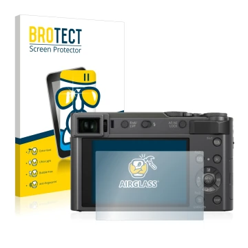 Vorderseite einer Produktverpackung mit dem Markenlogo BROTECT. Daneben ist das Gerät Panasonic Lumix DC-TZ200 mit dem zugehör