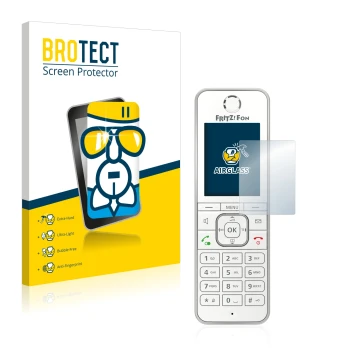 Vorderseite einer Produktverpackung mit dem Markenlogo BROTECT. Daneben ist das Gerät AVM Fritz!Fon C6 mit dem zugehörigen Dis