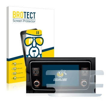 Vorderseite einer Produktverpackung mit dem Markenlogo BROTECT. Daneben ist das Gerät Nissan Leaf E Plus Infotainment System m