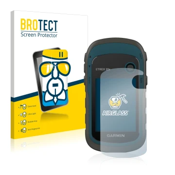 Vorderseite einer Produktverpackung mit dem Markenlogo BROTECT. Daneben ist das Gerät Garmin eTrex 22x mit dem zugehörigen Dis