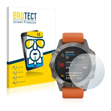 Vorderseite einer Produktverpackung mit dem Markenlogo BROTECT. Daneben ist das Gerät Garmin Fenix 6 mit dem zugehörigen Displ