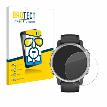 Vorderseite einer Produktverpackung mit dem Markenlogo BROTECT. Daneben ist das Gerät Garmin Fenix 6S mit dem zugehörigen Disp