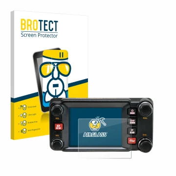 Vorderseite einer Produktverpackung mit dem Markenlogo BROTECT. Daneben ist das Gerät Yaesu FTM-400XDR mit dem zugehörigen Dis